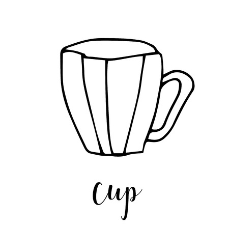 Childrens drawing a cup. The template for the painting. Hand drawn dishes in a funny kids style. Cartoon. Doodles. Vector illustration isolated on white background.のイラスト素材
