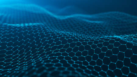 Futuristic blue hexagon background. Futuristic honeycomb concept. Wave of particles.の写真素材
