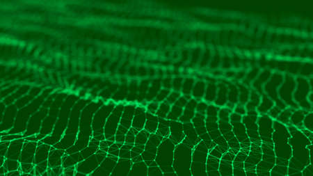 Wave 3d. Wave of particles. Abstract green geometric background. Big data visualization. Data...