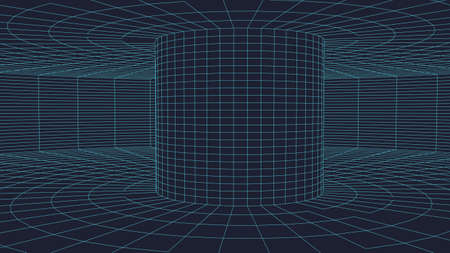 Tunnel or wormhole. Digital 3d wireframe tunnel. 3D tunnel grid. Network cyber technology....