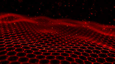 Futuristic white hexagon background. Futuristic honeycomb concept. Wave of particles. Abstract fire background with a dynamic wave. Big data visualization. 3d rendering.の写真素材