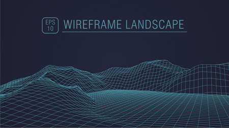 Wireframe 3D landscape mountains. Wireframe landscape wire. 3d landscape. Digital retro landscape cyber surface. Vector illustration.の写真素材