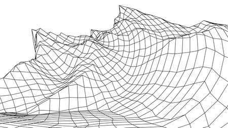 Wireframe 3D landscape mountains. wire frame landscape wire. 3d landscape. Digital retro landscape cyber surface. vector illustration.のイラスト素材