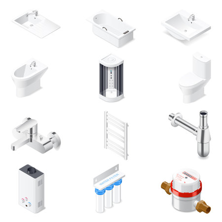 Sanitaru engineering detailed isometric icon set vector graphic illustrationのイラスト素材