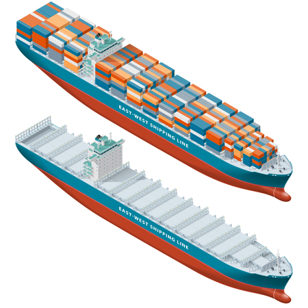 Container ship laden and empty, isometric icon set vector graphic illustration designのイラスト素材