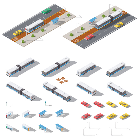 Bus stop and road architecture isometric icon set vector graphic illustration designのイラスト素材