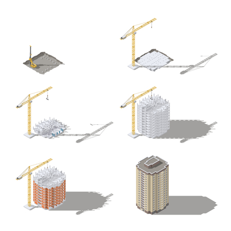 Stages of construction of a high-rise building isometric icon set vector graphic illustration designのイラスト素材