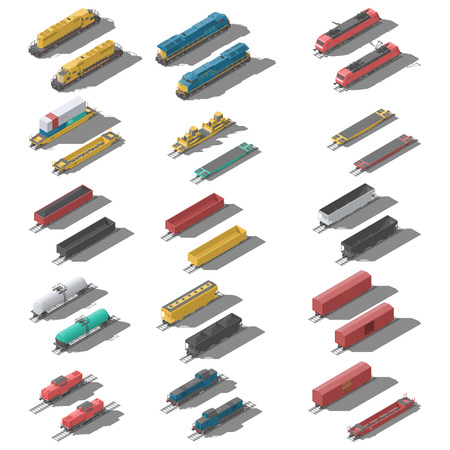 Freight railroad cars and locomotives isometric low poly icon set vector graphic illustrationのイラスト素材