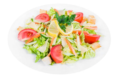 salad with salmon isolated on white backgroundの写真素材