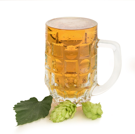 Glass of light beer and its ingredients isolated on whiteの写真素材