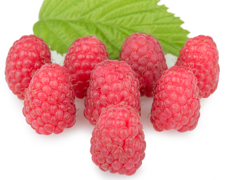 Fresh raspberry. Organic berry with green leaf isolated on whiteの写真素材