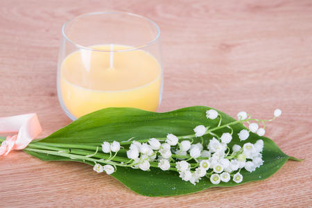 Lily of the Valley on brown wooden backgroundの写真素材