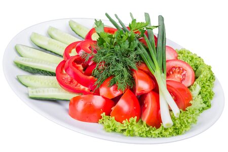 Sliced appetizer on a plate of cucumbers, tomato, pepper, onion, parsley, dill and lettuceの写真素材