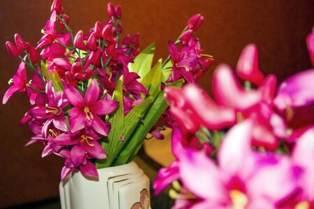Reflection of red flowers with a vase in the mirrorの写真素材