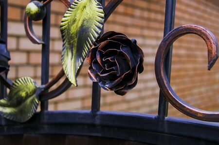 Metal fence decorated with decorative wrought iron leavesの写真素材