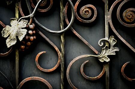 Beautiful wrought iron gates with forged decorative elements in dark colorsの写真素材