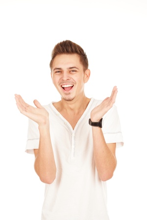 surprised man on a white backgroundの写真素材
