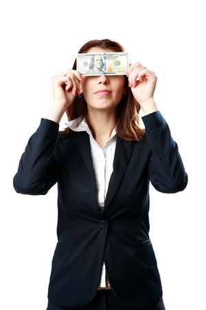 Businesswoman having fun with US dollars isolated on white backgroundの写真素材