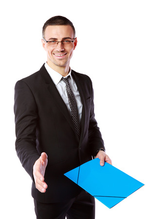 Handsome businessman offering handshake over white backgroundの写真素材
