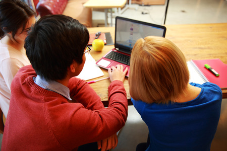 Back view portrait of a young friends using laptop togetherの写真素材