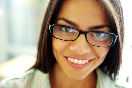 Closeup portrait of happy young womanの写真素材