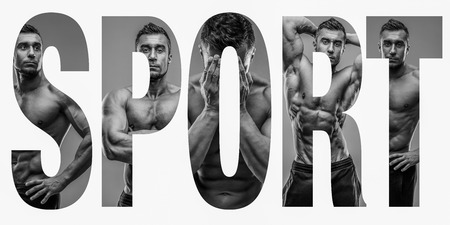 Conceptual collage of sports photos in the form of the word sportの写真素材