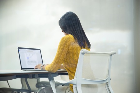 Back view portrait of a casual businesswoman working on laptop in office