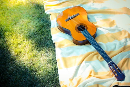Closeup portrait of a guitar outdoorsの写真素材
