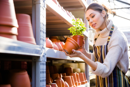 Beautiful female gardener looking for a pot for her flower in the shopの写真素材