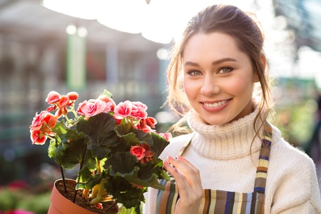 Cheerful beautiful woman florist holding flowering begonia in garden centerの写真素材