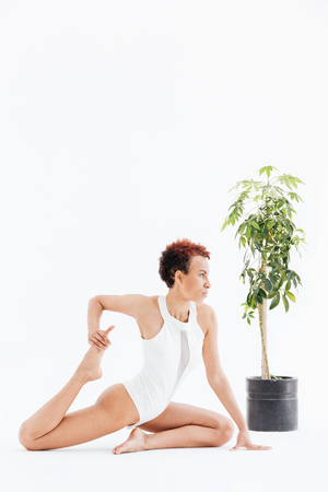 Attractive african american young woman doing stretching exercises and practicing yoga near tree in pot over white backgroundの写真素材