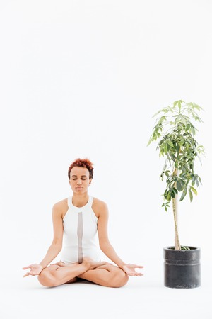 Pretty african american young woman meditating and practicing yoga near small tree in pot over white backgroundの写真素材