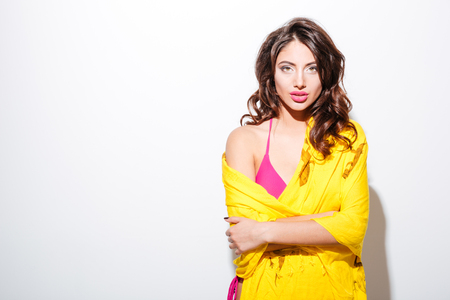 Beautiful sexy young pretty woman in swimsuit isolated on the white backgroundの写真素材