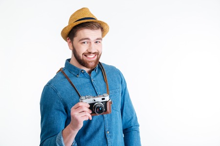 Close-up portrait of a smiling handsome hipster man isolated on the white backgroundの写真素材