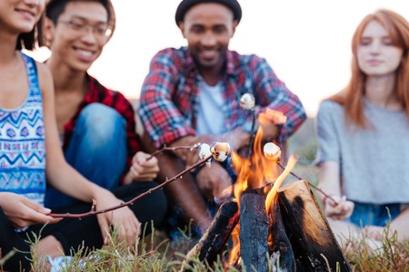 Multiethnic group of of cheerful young people talking and preparing marshmallows on bonfire outdoors in summerの写真素材