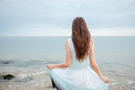 Back view of beautiful young woman with long hair in dress standing on the beachの写真素材