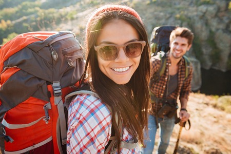 Girl with man near the canyon. man on backgroundの写真素材