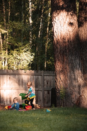 Full length image of boy and girl on playground near the big treeの写真素材
