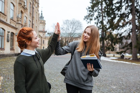 Portrait of a two young girl students giving high five outside the campusの写真素材