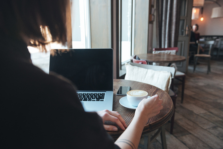 Picture of pretty young woman sitting at the table in cafe and using laptop.の写真素材