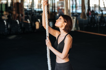 Concentrated young fitness woman climbing on the rope in gymの写真素材