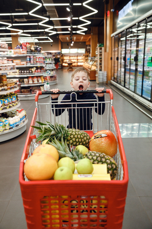 Vertical image of a boy pushing shopping trolley with fruits while being in the supermarketの写真素材