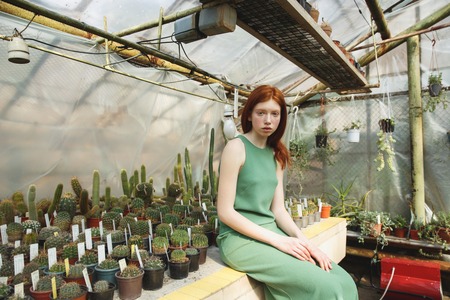 Redhead girl in green dress sitting on shelf with cacti and looking camera seriouslyの写真素材
