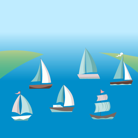 Illustration of a cartoon ocean landscape with yachts and sailing boats for spring or summer holiday vacations. Flat style ector illustrationのイラスト素材
