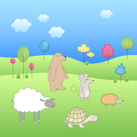 Forest animal vector illustration. Bear, sheep, mouse, hedgehog, turtleのイラスト素材