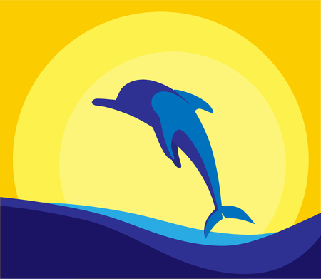 Coloured vector illustration of dolphin jumping on the wave.のイラスト素材