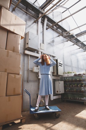 Young attractive woman standing on wheelbarrow in glasshouse near boxes