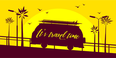 Mini bus silhouette with lettering on a sunset. It's time to travel concept. Vector illustrationのイラスト素材