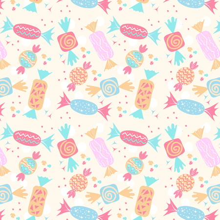 Seamless pattern of colorful candy treats over white. Vector illustrationのイラスト素材