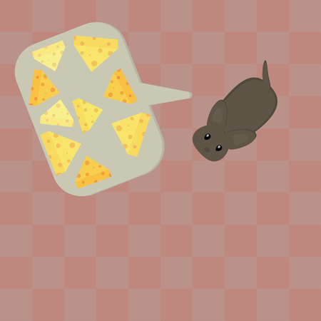 Cute little hand drawn mouse dreaming about cheese. Speach bubble with cheese. Vector illustrationのイラスト素材
